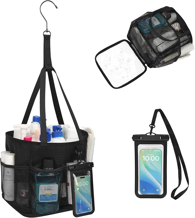 Shower Caddy Portable, Mesh Shower Caddy Hanging with Waterproof Phone Pouch Black, Large Capacity Shower Bag for College Dorm Room Essentials, Quick Dry Shower Basket for Gym, Camping, Swimming