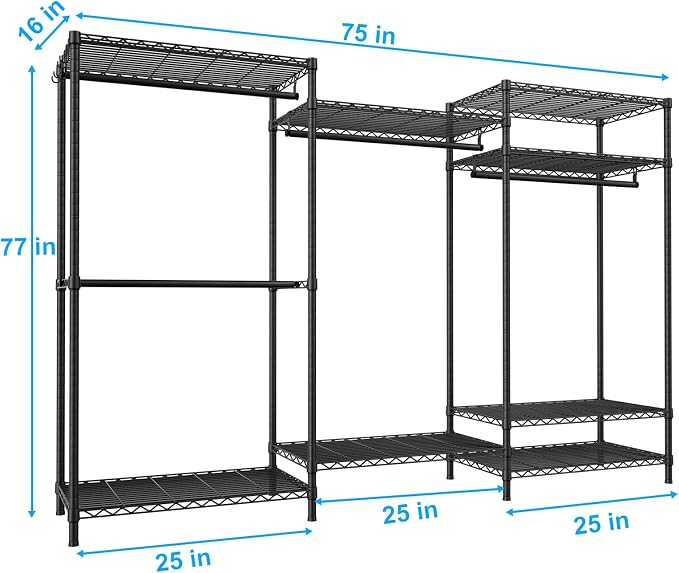E13 Pro Heavy Duty Clothes Rack（With 4 Hanger Rods & 8 Shelves） Freestanding Clothing Racks for Hanging Clothes，Adjustable Closet，Metal Garment Rack 75" W x16 D x77 H，Max Load 1000LBS，Black