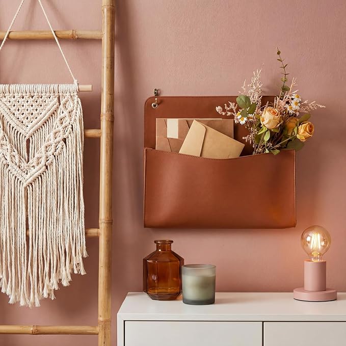 2 Set PU Leather Mail Holder Wall Mount 12.2x10.24 Inch Leather Letter Holder 2 Ring Binder Hanging Wall File Organizer Mail Sorter for Decor Storage Letter Postcard Flower Home Office(Brown)