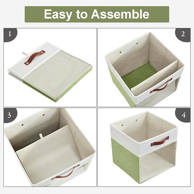 Storage Cubes, 4 Pack Linen Foldable Storage Bins (13 x 13 inch) with Clear Window and Handles, Fabric Organizer for Shelf Closet, Clothes, Books - (Green and White)