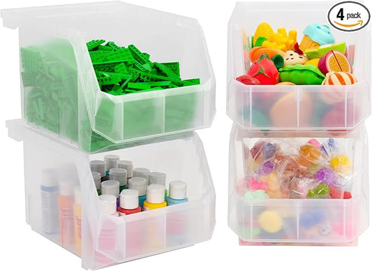 ReadySpace Medium-Tall Stackable Plastic Storage Bins, 4-Pack, Clear | Open-Front Stackable Bins For Garage, Pantry, Closet & Office, 7"L X 11"W X 8"H, Nests When Empty, Durable Plastic,