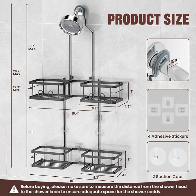 REINHARDT Adjustable Shower Caddy Hanging for Handheld Showerheads, Black | Patented Shower Organizer, Rustproof, 40lbs Capacity, Anti-Swing, Tool-Free, Suction Cups, 8 Hooks, Soap & Toothbrush Holder