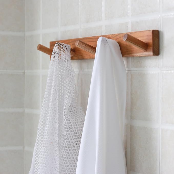 Natural Teak Wall-Mounted Coat Rack (Set of 2, 16'' Hole to Hole) - Farmhouse Entryway Hooks with 5 Wooden Hooks Each, Rustic for Bathroom, Mudroom 2P