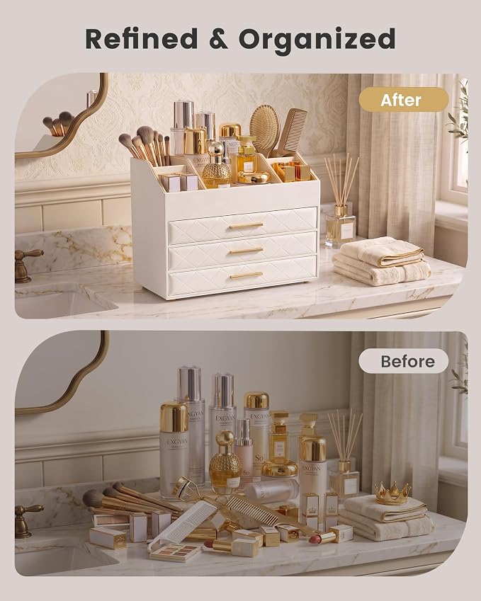 Lolalet 4-Layer PU Leather Makeup Organizer for Cosmetic Vanity -Beige | Large Bedroom Dsek Countertop Cosmetic Organizer with Brush Holder, Skincare Storage for Lipsticks, Nail Polish, Perfume