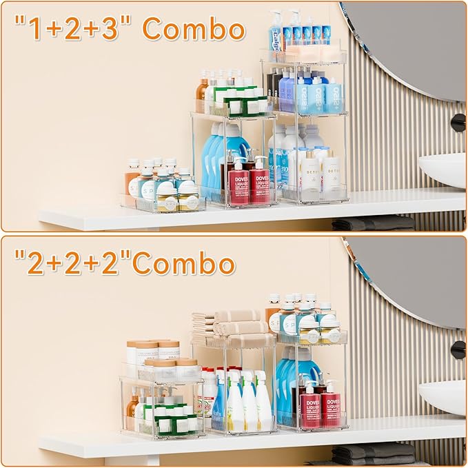 2 Pack 13.8″ Deep 3 Tier Under Sink Storage Organizer,Large Pull Out Bathroom Organizers and Storage,Slide Out Acrylic Undersink Storage Shelf,Kitchen Under Sink Organizer for Cleaning Products