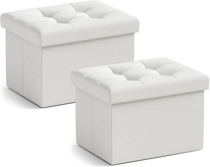 Ornavo Home Small Rectangle Ottoman Set of 2, Linen, 12x16x12, White | Storage Collapsible Design; Foot Rest Stool Seat; Ideal for Living Room, Bedroom, Home Office or Dorm