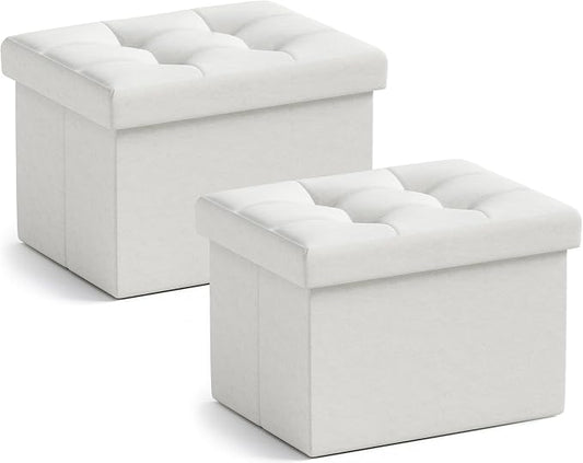 Ornavo Home Small Rectangle Ottoman Set of 2, Linen, 12x16x12, White | Storage Collapsible Design; Foot Rest Stool Seat; Ideal for Living Room, Bedroom, Home Office or Dorm