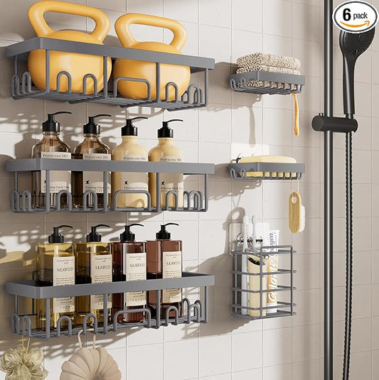 Veken 6-Pack Rustproof & Waterproof Shower Caddy, Adhesive Shelves Rack, Large Capacity Bathroom, College Dorm & Apartment Organizers, No-Drill Wall Mount Living Room & Bedroom Decor, Light Grey