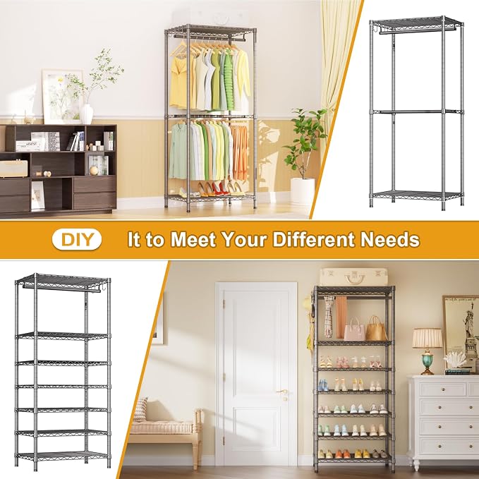 E13 Heavy Duty Clothes Rack（With 4 Hanger Rods & 8 Shelves） Freestanding Clothing Racks for Hanging Clothes，Adjustable Closet Organizer，Metal Garment Rack 63" W x16 D x77 H，Max Load 900LBS，Grey