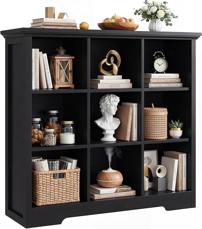 Aheaplus Wooden 9-Cube Storage Organizer with Charging Ports, Modern Cube Bookcase with Base, 4-Tier Floor Standing Open Cubbies Bookshelf, Cubicle Display Shelf for Home and Office, Black