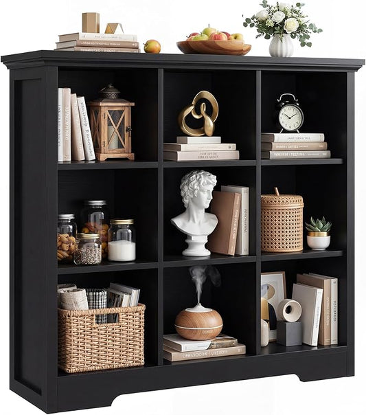Aheaplus Wooden 9-Cube Storage Organizer with Charging Ports, Modern Cube Bookcase with Base, 4-Tier Floor Standing Open Cubbies Bookshelf, Cubicle Display Shelf for Home and Office, Black