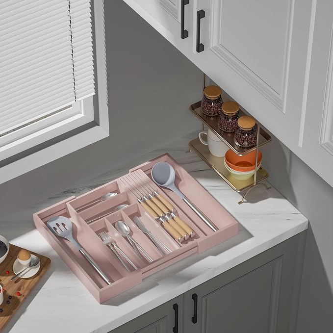 Expandable Bamboo Silverware Drawer Organizer Tray, Grey Pink | Removable Knife Block, Holds 7 Knives, Adjustable Dividers, 12.6-21.45 x 16.3 x 2.13 in, Drawer Insert for Utensils, Forks