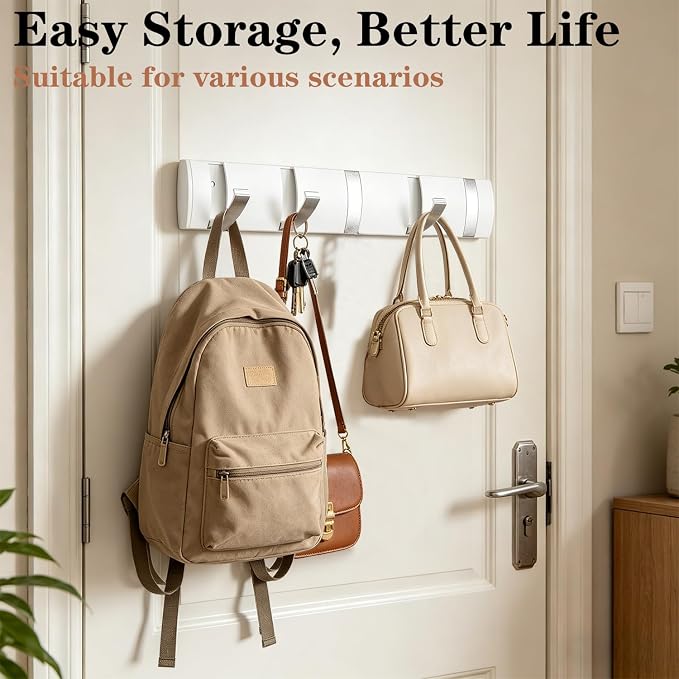 Folding Coat Hooks, Wall Mounted Coat Rack with 5 Retractable Hooks, Heavy Duty Towel Rack for Bathroom Wall Hook for Hanging Clothes, Stainless Steel Coat Hanger for Entryway(White/Sliver)