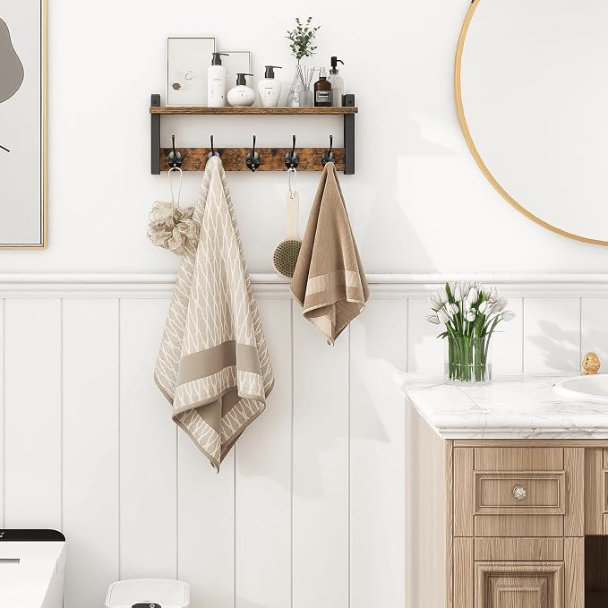 Homode Wall Hooks with Shelf, Wood Coat Rack with Shelf Wall-Mounted, Entryway Hanging Shelves with 5 Metal Hooks for Clothes Hats Towel Purse Robes, Bathroom Mudroom Bedroom, Rustic Brown Black