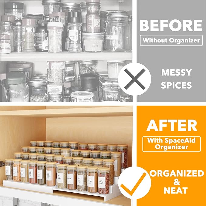 SpaceAid Bamboo Spice Rack Organizer for Cabinet, Kitchen Pantry Spices Storage Rack for Cabinets Organization, Home Seasoning Tiered Can Goods Racks Wood Shelf Organizers (4 Tier, White)
