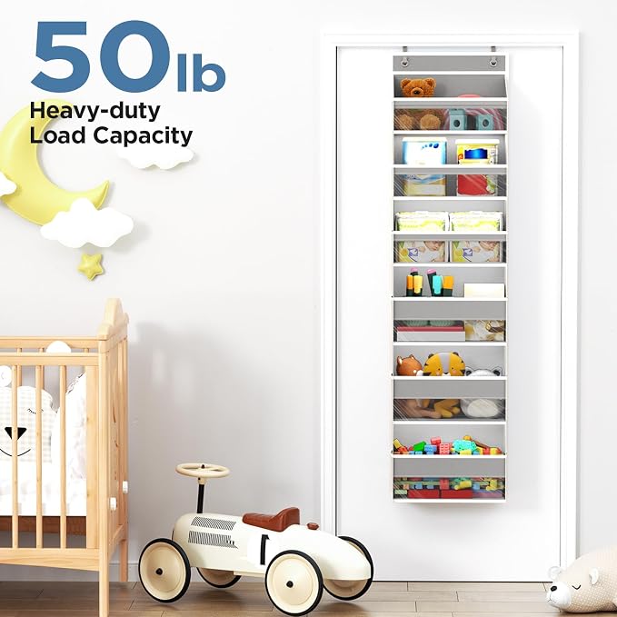 6 Tiers Over The Door Organizer, Behind The Door Storage Hanging Shelves | Heavy Duty Hanging Organizer Storage with Large Capacity Pockets for Closet Wall Bathroom Bedroom Nursery Pantry, 1 Grey