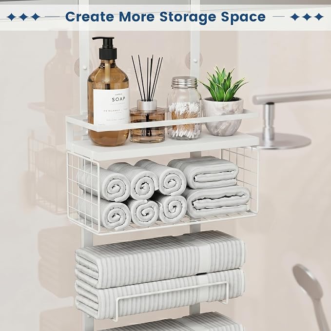 Aetyord Towel Racks for Bathroom Over The Door Towel Racks Towel Storage Organizer with Metal Shelf Basket for Bathroom Rv Camper (9-Tier White)