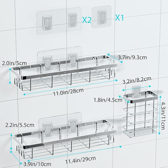 Shower Caddy Organizer with Hooks,Self Adhesive Bathroom Shelves,Shower Shelves,No Drilling Bathroom Organizers and Storage,Perfect for RV, Apartment, Home Decor,3 Pack Black