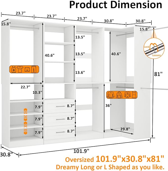 Closet Organizer System of 4 Sets with 3 Drawers, 9 Hanging Rods & 8 Shelves, 157" Walk in Closet System, Corner Closet Organizer, Modular Standalone Closet, White