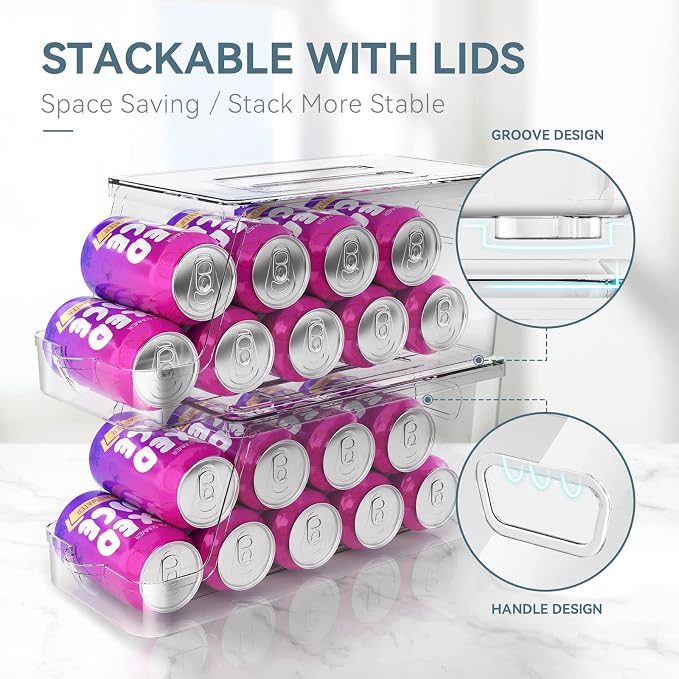 theaoo Soda Can Dispenser for Refrigerator with Lids, Stackable, 2 Pack | Clear Drink Organizer With Lids For Refrigerator Storage. Pantry Organizers And Storage For Fridge And Kitchen Cabinets