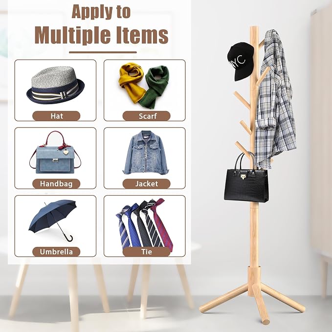 Haddockway 3 Adjustable Freestanding Wooden Coat Rack Stand 8 Hooks,Hallway