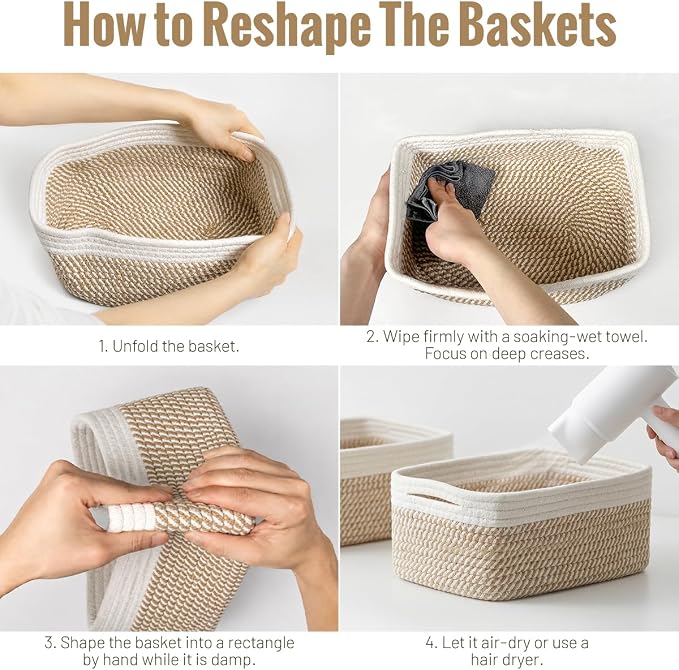 5 Pack Small Woven Storage Baskets for Shelves, Cotton Rope Baskets Organizer for Bathroom, Closet & Nursery, Decorative Storage Bins for Organizing Socks, Toys, 11.8"x7.9"x4.7", Khaki/White