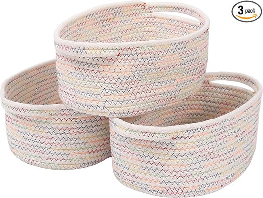 JMvicyroam Small Woven Basket, Empty Gift Basket, Colorful/3 Pack | Small Gift Basket, Cotton Rope, 12 x 8 x 50 in, Handles, Includes Ribbon and Bag, Birthday Gift Basket