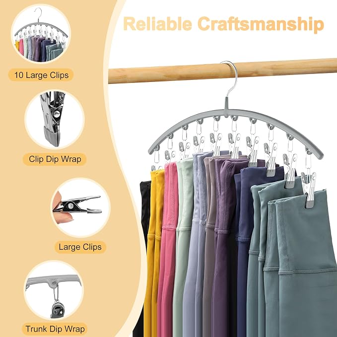 Volnamal Legging Organizer for Closet, Metal Yoga Pants Hanger w/Rubber Coated 4 Pack w/10 Clips Hold 40 Leggings, Hangers Space Saving Hanging for Closet Organizers and Storage-Gray