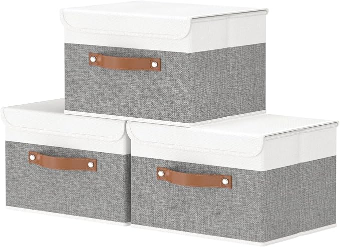 OUTBROS Storage Bins with Lids, White/Grey, 3 Pack 10.2 x 7.9 x 6.7in | Collapsible Storage Boxes, Cotton and linen cloth Storage Baskets with Handle, for Books, Closet