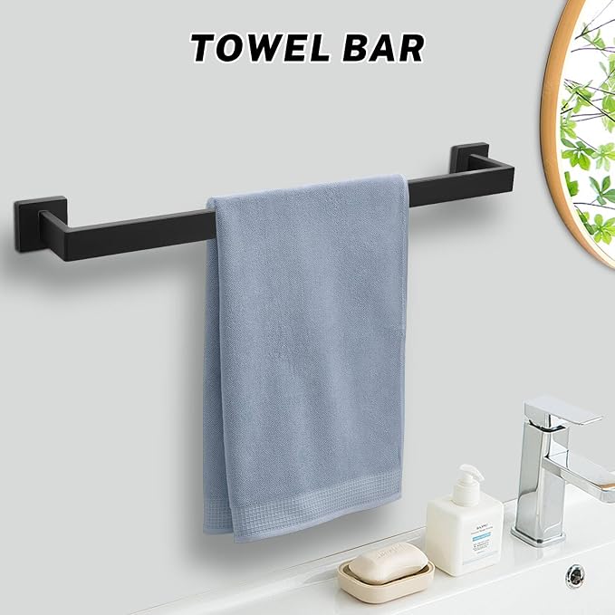 Matte Black Towel Bar Set 5-Piece Bathroom Hardware Accessories Set Includes 23.6 Inch Towel Bar,Toilet Paper Holder with Shelf,Square Towel Ring and Coat Hooks Stainless Steel Wall-Mounted