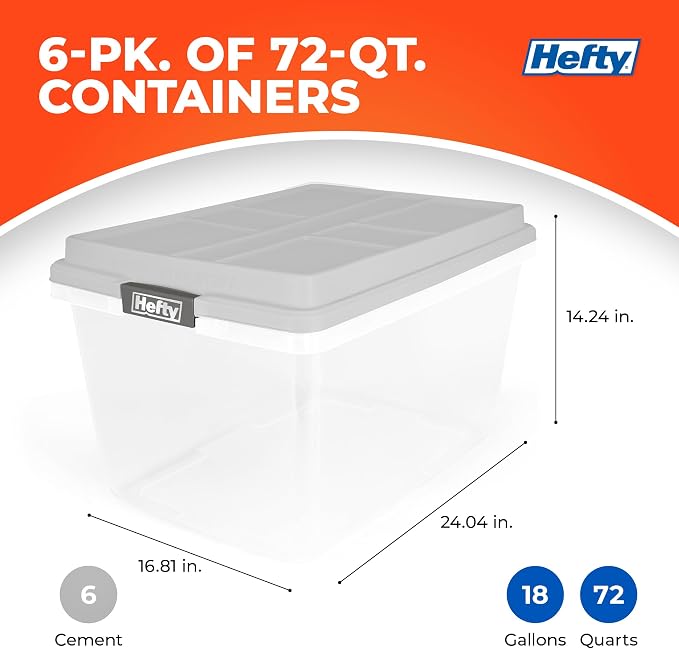 Hefty 72 Qt Hi-Rise Storage Bin with Lid, Stackable Plastic Storage Container, Organizer for Home, Garage & Closet, 6 Pack, Gray