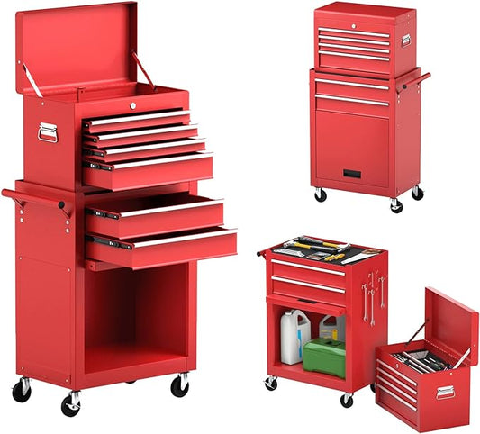 Goplus Tool Chest, 6 Drawers Rolling Tool Cabinet with Detachable Top Toolbox, Universal Lockable Wheels, Protective Liner, Auto Lock, Metal Tool Storage Cart, Tool Box for Garage Workshop