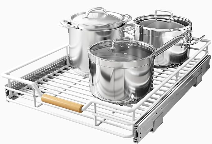 Pull out Cabinet Organizer, 12"W X 21"D, Heavy Duty Smooth Sliding Under Cabinet Shelves for Pots and Pans, Full-Extension Roll out Drawers, Slide out Organization for Home Kitchen Pantry, White