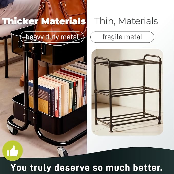 2 Tier Cart with Wheels Heavy Duty Metal Rolling Storage Cart for Under Desk Storage, Short Small Utility Shelf for Pantry Kitchen Bathroom Laundry, Home Organizer with Large Basket, Black