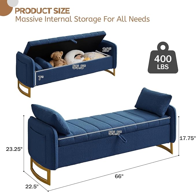 66'' King Size Storage Bench for Bedroom, Teddy Boucle End of Bed Benches for Foot of Bed, Storage Ottoman Bench with Golden Legs and Pockets for Living Room Window Entryway, Blue