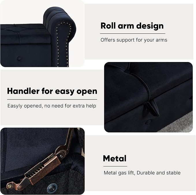 Storage Bench 67" Velvet End of Bed Benches Black | King Size Storage Bench for Bedroom with Rolled Arms Tufted Ottoman Benches Upholstered Bench for Living Room Entryway