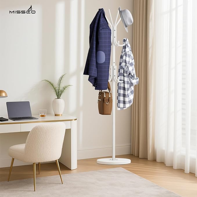 MISSLO Heavy Duty Coat Rack Freestanding with Stable Wood Base Modern Coat Tree with 12 Hooks Adjustable Coats Hanger Stand Stylish Standing Clothes Tree for Entryway Bedroom Corner Hall (White)