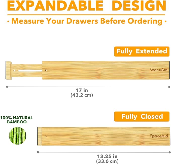SpaceAid Bamboo Drawer Dividers (Need 2.35" Deep Drawer) Kitchen Adjustable Drawer Organizers, Expandable Organization for Home, Office, Dressers and Bathroom, 6 Dividers (13.25-17 in)