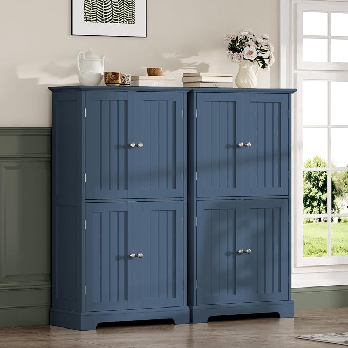 ChooChoo Bathroom Floor Cabinet with Adjustable Shelves | Bathroom Storage Cabinet, 4 Doors, Freestanding Cupboard for Living Room, Blue