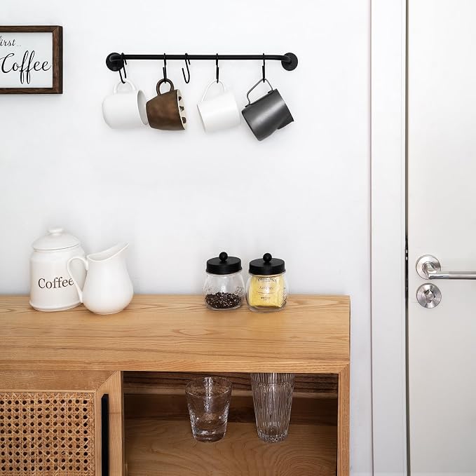 Mkono Wall Mounted Mug Holder, Coffee Cup Hanger Rack with 5 Hooks, 1 Pack | Kitchen Rod, Space Saving, Easy Assembly, Wall & Under Cabinet, Durable Metal, Kitchen Dining Bar Organizer, Multi-Function