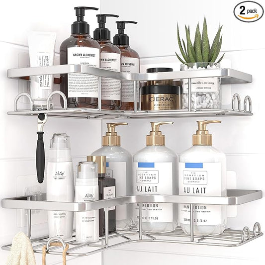 Sakugi Corner Shower Caddy - 2 Pack, Adhesive Shower Organizers, Rustproof Stainless Steel Shower Shelves with 8 Hooks, No Drilling Bathroom Organizers and Storage Racks, Space-Saving, Silver, Large
