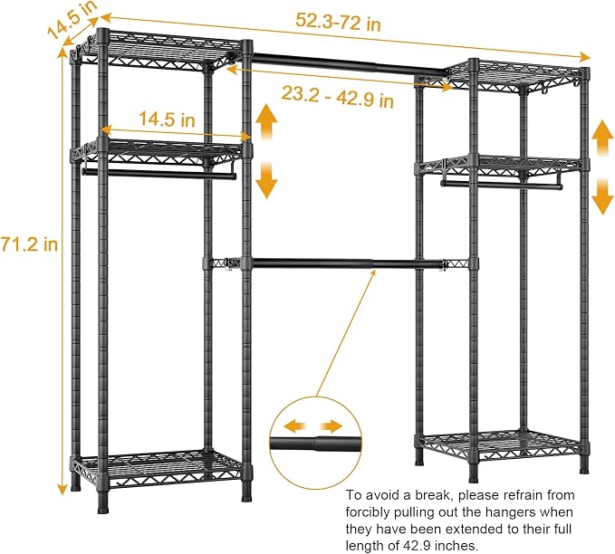 Ulif E7 Garment Rack, Heavy Duty Clothes Storage System with Extendable Hangers Rods, Metal Clothe Rack with 6 Wire Shelves, (52.3"-72") W x 14.5" D x 71.2" H, Load 838 LBS | Metal Clothing Rack with 6 Wire Shelves, Freestanding Portable Closet Wardrob...
