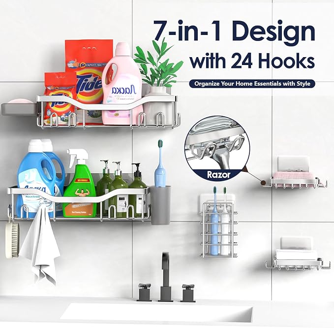 NESOMI Shower Caddy Adhesive Shower Organizer 7-Pack, Rustproof Stainless Steel Bathroom Shelves, Large Capacity No-Drill Rack Storage Accessories with Soap Dish Toothbrush Holder Hooks