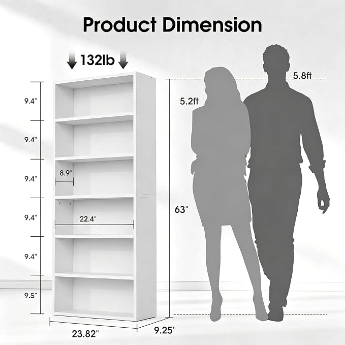 HealSmart 6 Tier Bookcase, Industrial 6 Book Shelf, 9.2" D x 23.8" W x 63" H Tall Open Cube Storage Organizer for Home Office, Living Room, Bedroom and Dinning Room, White