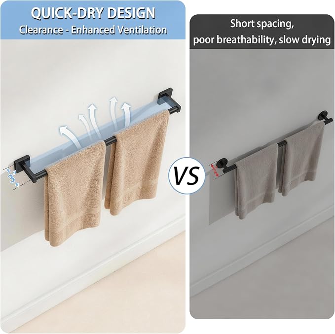 MKO Towel Bar for Bathroom, 24" 2 Pack Wall Mounted Towel Rack, Black | Hand Towel Holder Rod with Heavy-Duty Stainless Steel for Bathroom Kitchen Hanger, 2 Pack Value