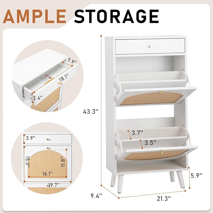 VINGLI Rattan Shoe Cabinet, White Slim Shoe Storage Cabinet for Entryway, Modern Boho 2 Flip Drawer Shoe Rack Organizer with Top Drawer, Narrow Hidden Shoe Storage for Hallway, 21.3" W x 9.4" D