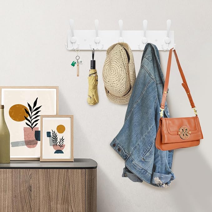 Kuhome Coat Rack Wall Mount Coat Hooks Wooden Hat Rack for Wall Hooks Pine Real Wood Plank 16.9" White Coat Hanger with 5 White Triple Hooks for Hanging Coat Hat Jacket