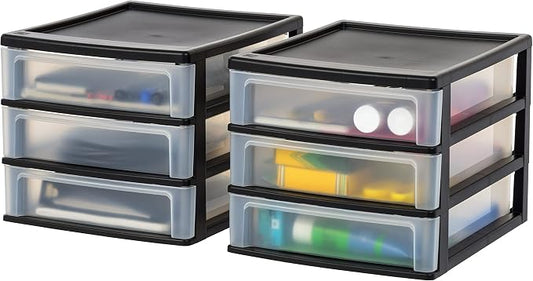 IRIS USA 2-Pack, 3-Drawer Medium Plastic Stacking Desktop Organizer, Black | Organize office supplies, stationery, makeup, craft materials and everyday essentials for neat desktop storage