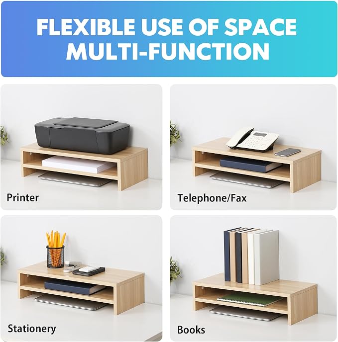 FITUEYES Wooden Monitor Stand Riser, 2-Tier Desk Storage Shelf, Oak | 21.3-Inch Desktop Organizer Fits Laptop, Computer Screen and Office Supplies
