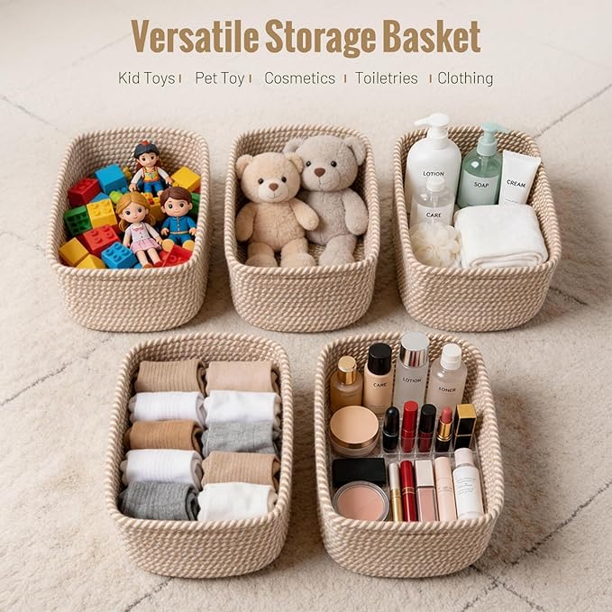 5 Pack Decorative Small Storage Baskets for Shelves, Cotton Rope Woven Basket for Organizing Bathroom, Nursery, Closet, Cabinet, Toys & Socks, Gift Baskets Empty, 11.8"x7.9"x4.7", Khaki